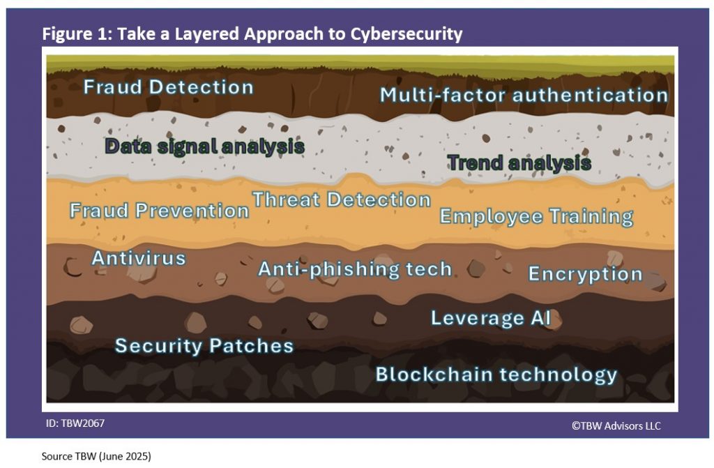 Take a layered approach to cybersecurity. image of layered soil.
words in soil layers include:
fraud detection, MFA, trend analysis, data signal analysis, threat detection, fraud prevention, employee training, antivirus, anti-phishing, encryption, leverage AI, security patches, blockchain technology