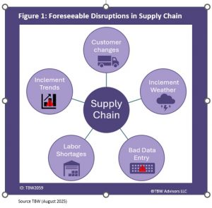Foreseeable disruptions in Supply chain. -inclement trends -customer changes -inclement weather -bad data entry -labor shortages