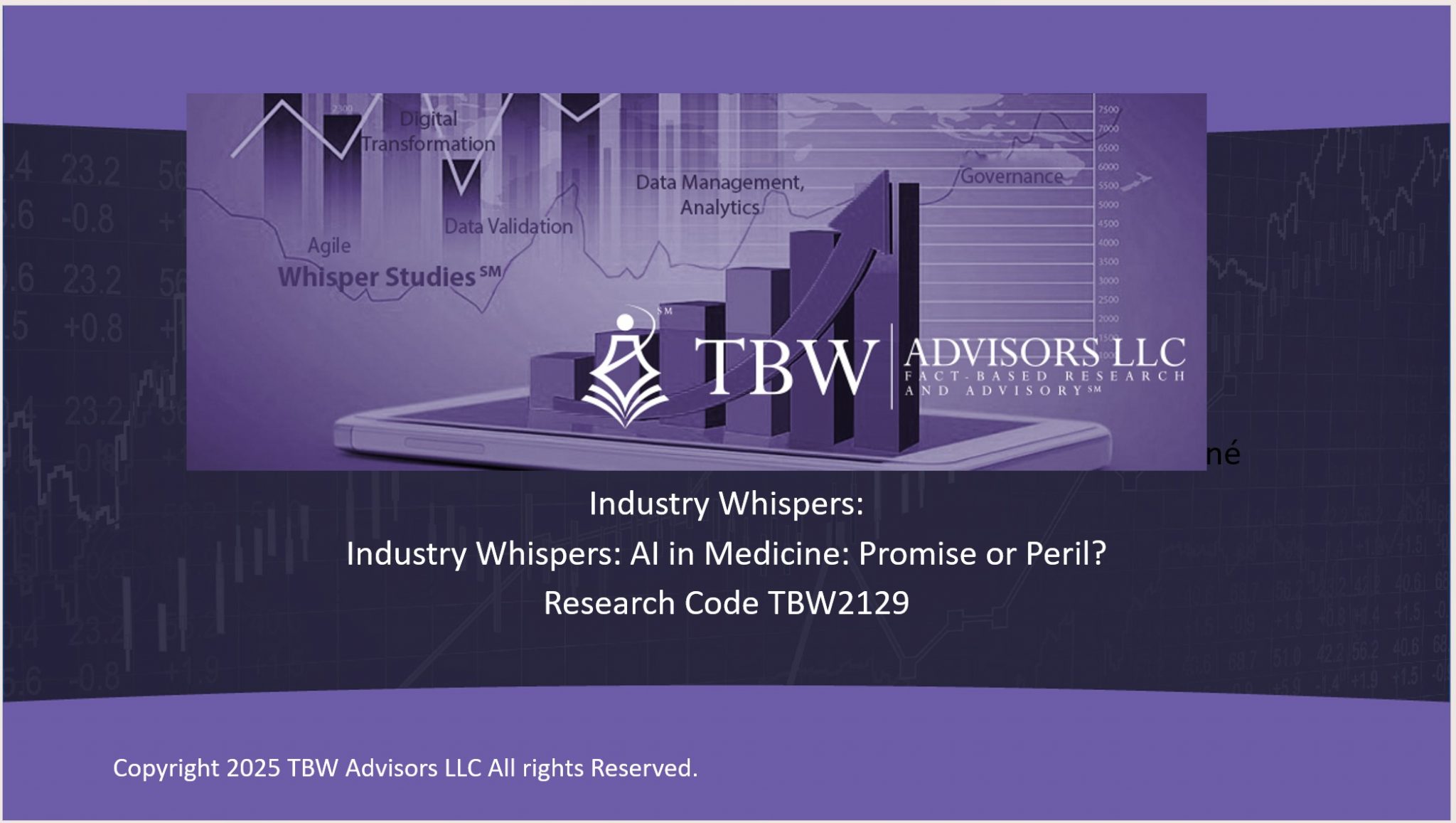 AI in Healthcare: Promise or Peril over a cool purple background and the TBW Logo