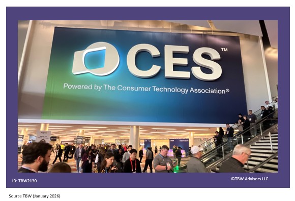 CES sign at Venetian over the stairs with crowd in front