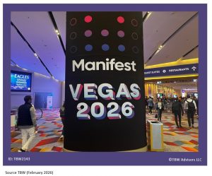 Image of Manifest Vegas 2026 wrapped on pole with conference attendees in halls of venetian.