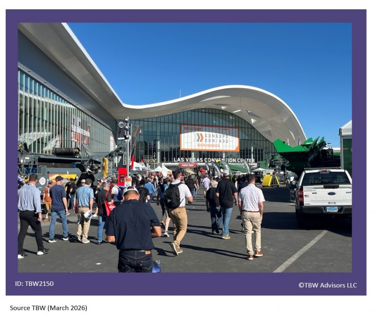 Central Hall Las Vegas Convention Center with crowds walking towards with large CONEXPO-CON/AGG Sign above entrance and lare machines abound.