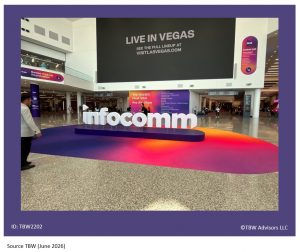 infocomm sign below a digital sign that reads Live in Veg See teh full lineup at visitlasvegas.com The photo is taken in LVCC Central Hall. A large oval rug is beneath the letters of the infocomm sign that starts purple on the left and fades to orange on the right.