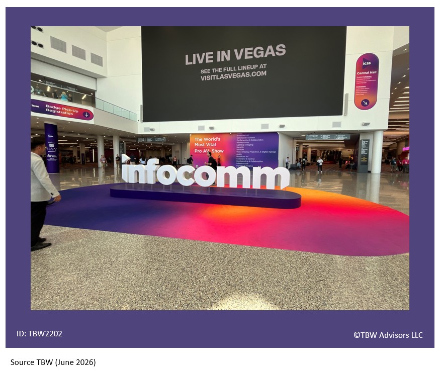 infocomm sign below a digital sign that reads Live in Veg See teh full lineup at visitlasvegas.com The photo is taken in LVCC Central Hall. A large oval rug is beneath the letters of the infocomm sign that starts purple on the left and fades to orange on the right.
