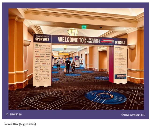 image of the Welcome to All Wireless & Prepaid expo welcome bridge. It has signs about their sponsors on left column holding welcome sign and schedule on the right. People in background and Caesars interior design can be enjoyed.